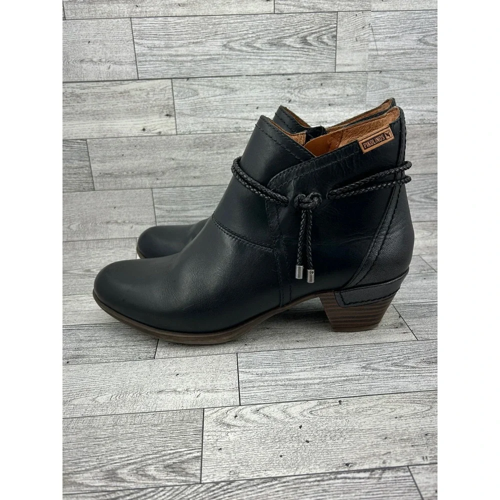 Pikolinos‎ Black Leather Ankle Boots Braided Cord Detail Women Sz EU 39 US 8.5